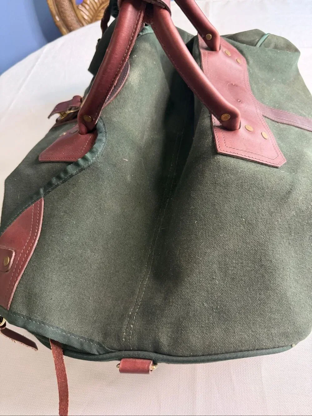 Vintage Orvis Battenkill Green Canvas Leather Duffel Weekender Travel Bag